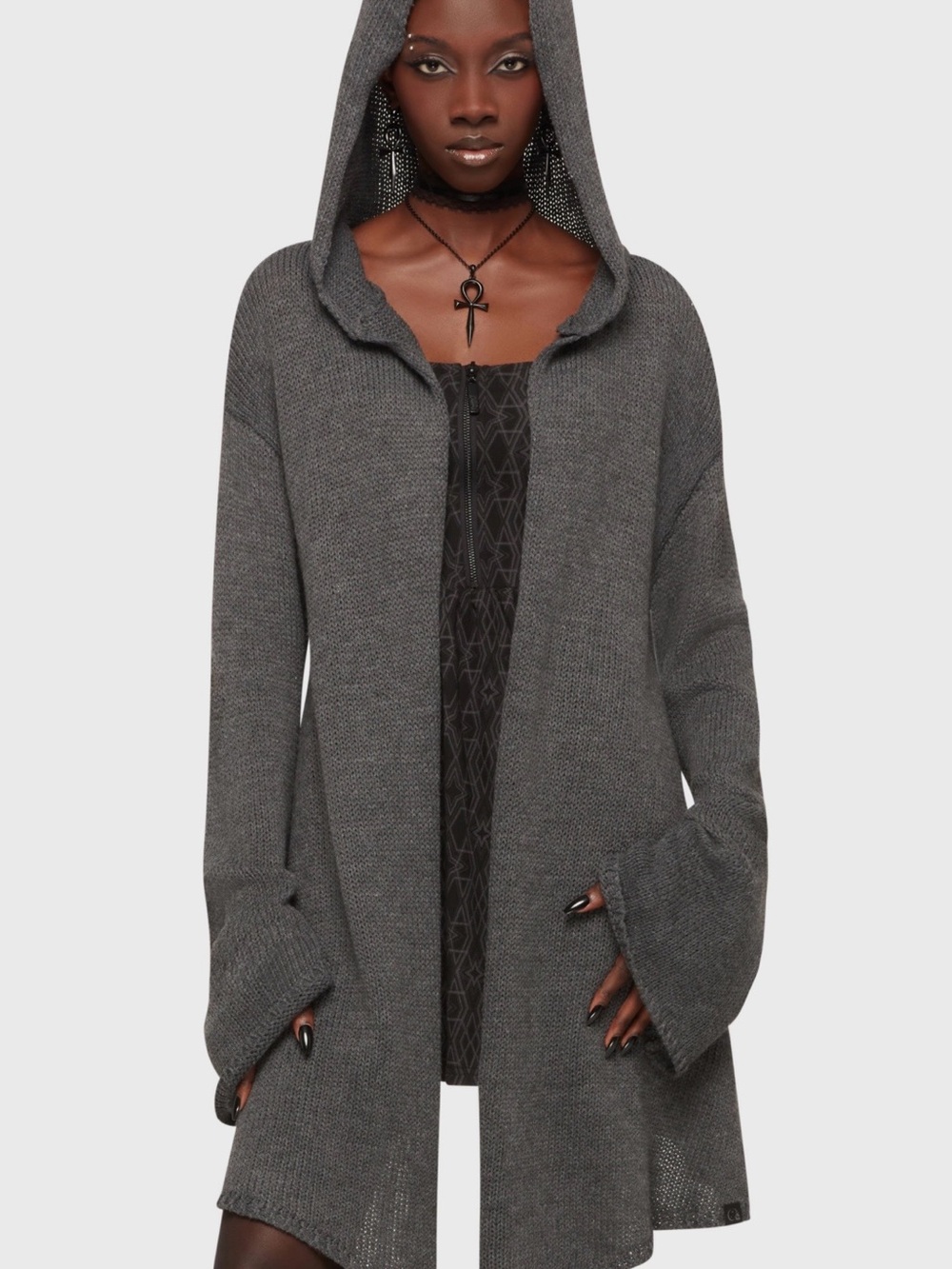 Killstar Hooded Forget Wishing Open Cardigan in Charcoal Gray